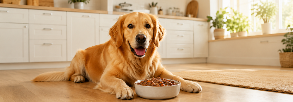 Perro con comida húmeda en la cocina de casa